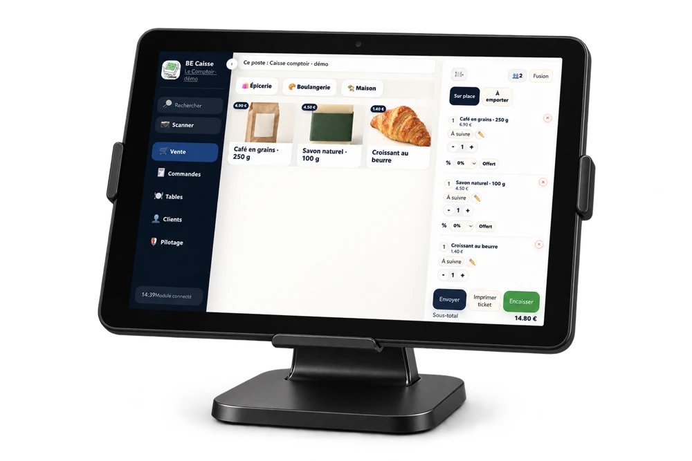 Tablette caisse & support 11 pouces, matériel détouré sur fond transparent