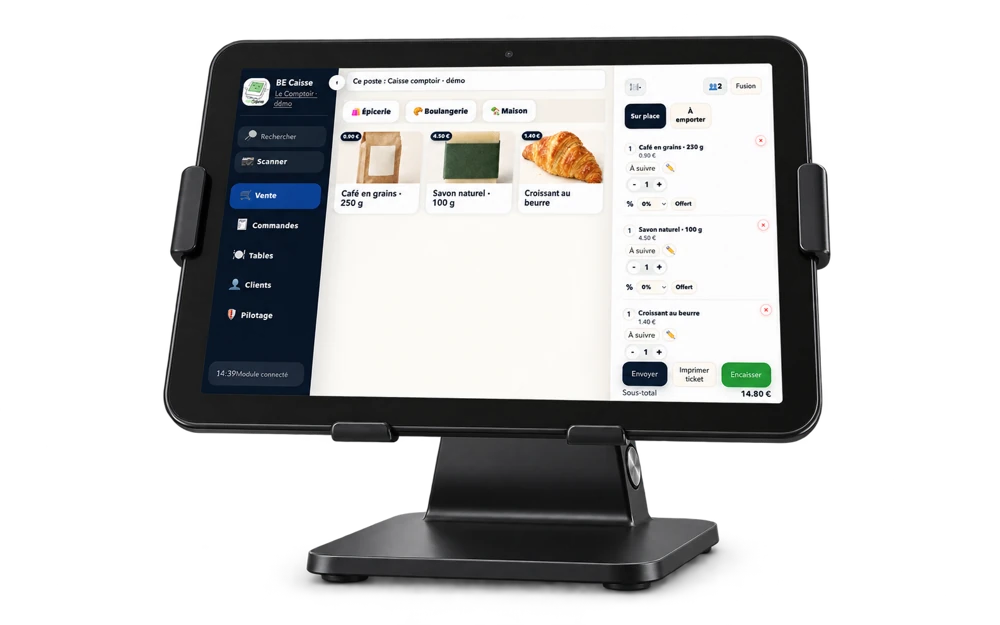 Tablette caisse & support 14 pouces, matériel détouré sur fond transparent