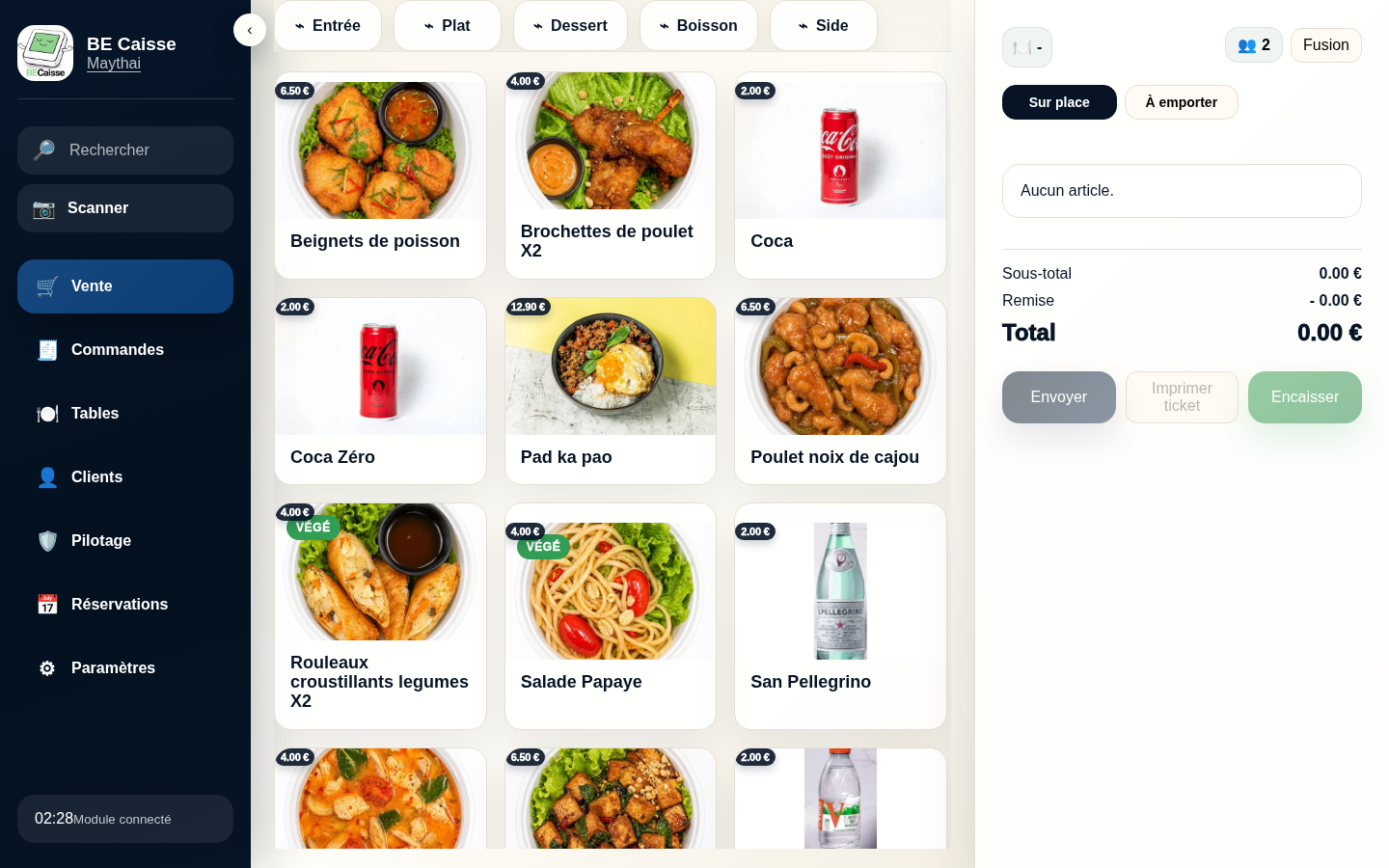 Vraie caisse BECAISSE : carte de restaurant illustrée, panier et encaissement