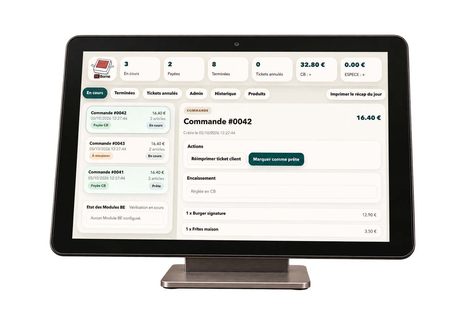 Tablette détourée affichant le panel des commandes et paiements du restaurant